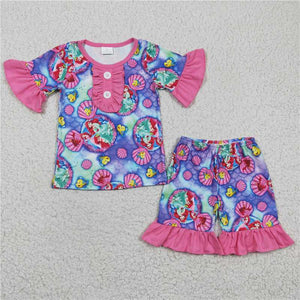 GSSO0152   Girls Cartoon Fish Clownfish Purple Short Sleeve Shorts Set