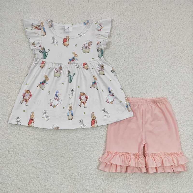 GSSO0154   Girls Rabbit Goose Flying Sleeve Shorts Set