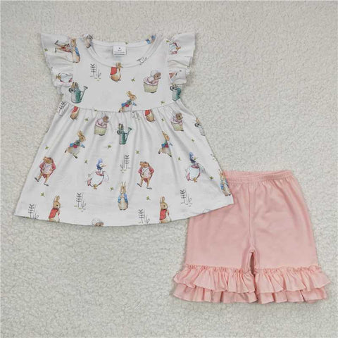 GSSO0154   Girls Rabbit Goose Flying Sleeve Shorts Set