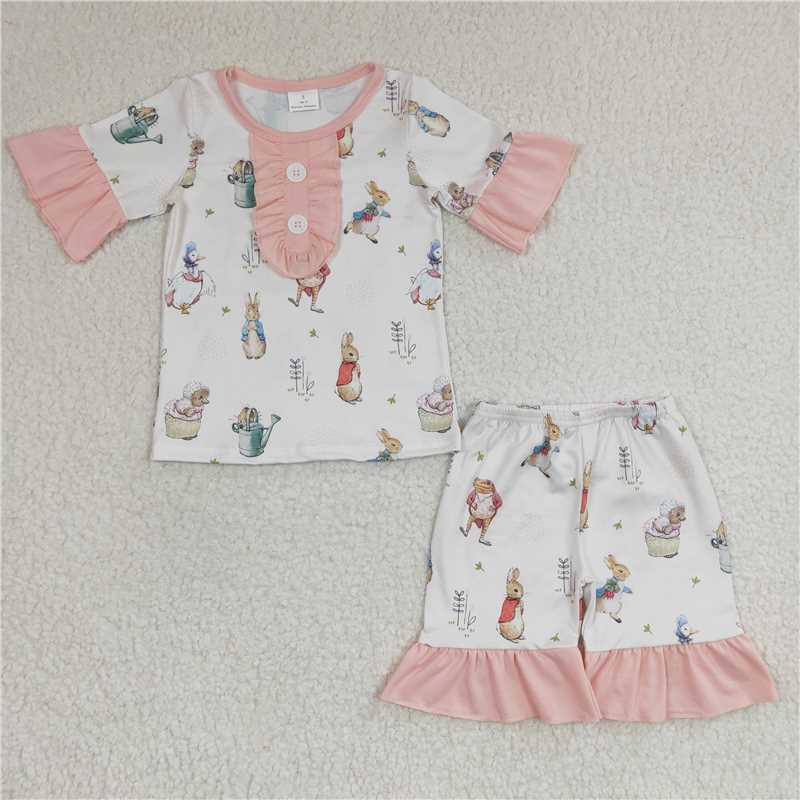 GSSO0155   Girls Rabbit Goose Lace Flying Sleeve Shorts Set