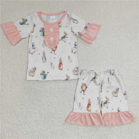 GSSO0155   Girls Rabbit Goose Lace Flying Sleeve Shorts Set