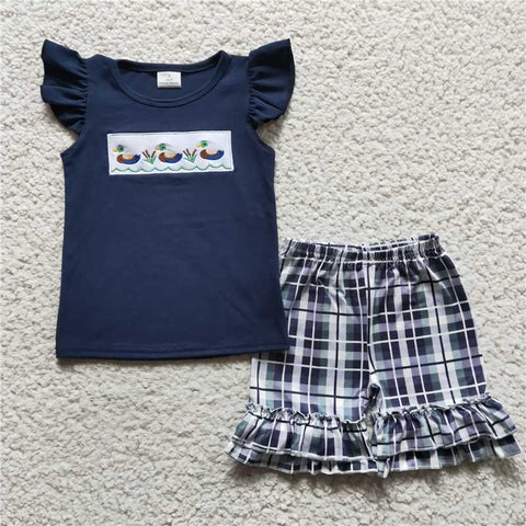 GSSO0156   Girls Embroidered Rice Duck Navy Blue Flying Sleeve Shorts Set