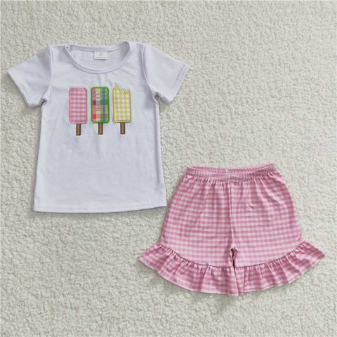 GSSO0157   Girls Embroidered Popsicle Ice Cream White Short Sleeve Pink Short