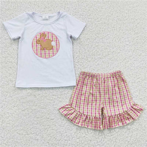 GSSO0158   Girls Embroidered Rabbit White Short Sleeve Plaid Shorts Set