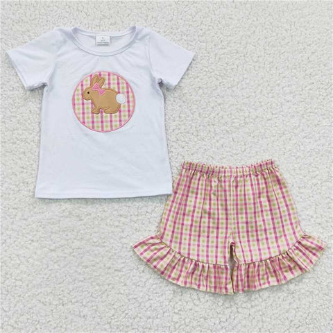 GSSO0158   Girls Embroidered Rabbit White Short Sleeve Plaid Shorts Set