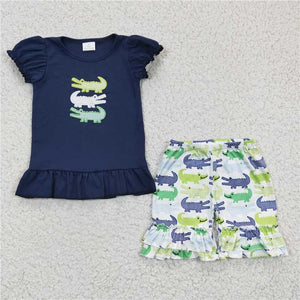 GSSO0159   Girls Embroidered Crocodile Navy Short Sleeve Shorts Set