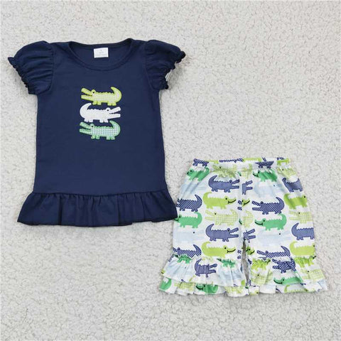 GSSO0159   Girls Embroidered Crocodile Navy Short Sleeve Shorts Set