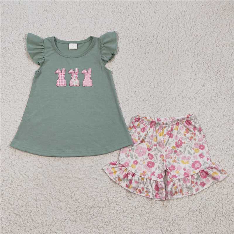 GSSO0160   Girls Embroidered Three Rabbits Flying Sleeve Flower Shorts Set