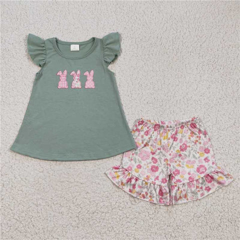 GSSO0160   Girls Embroidered Three Rabbits Flying Sleeve Flower Shorts Set