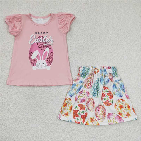 GSSO0167   Girls Easter Bunny Egg Pink Short Sleeve Shorts
