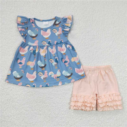 GSSO0168   Girls Color Cock Blue Flying Sleeves Pink Shorts Set