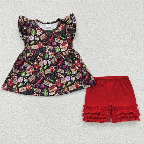 GSSO0169   Girls Crayfish Onion Flying Sleeve Red Short Sleeve Suit