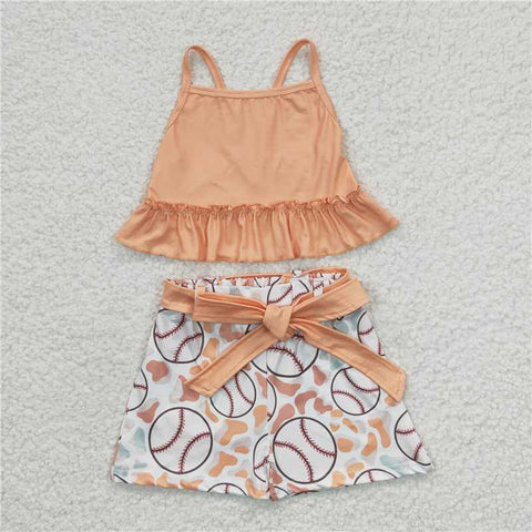 GSSO0172   Girls Baseball Orange Tank Top Short Set