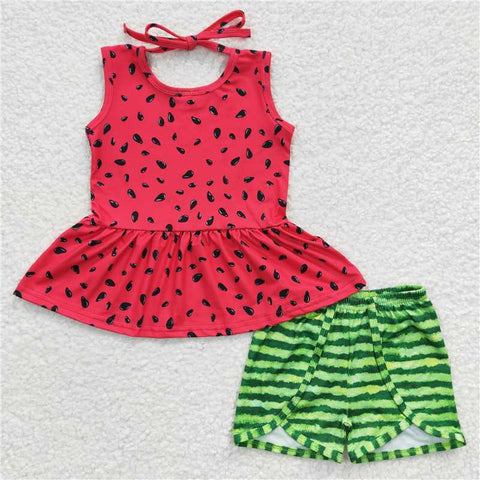 GSSO0192   Girls Watermelon Red Sleeveless Green Shorts Set