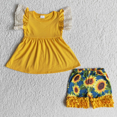 A10-24  Baby Girls Sunflower Lace Short Sleeve Shorts Sets