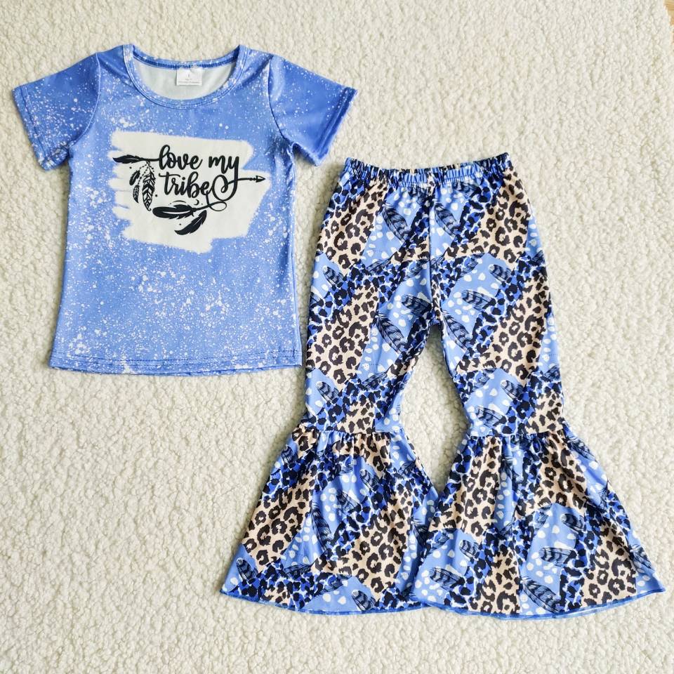 B8-25 Baby Girls Short Sleeve and Leopard Bell Bottoms Pants Sets