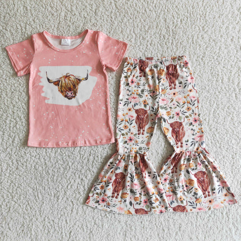 GSPO0030 Bull Baby Girls Short Sleeve and Bell Bottoms Pants Sets