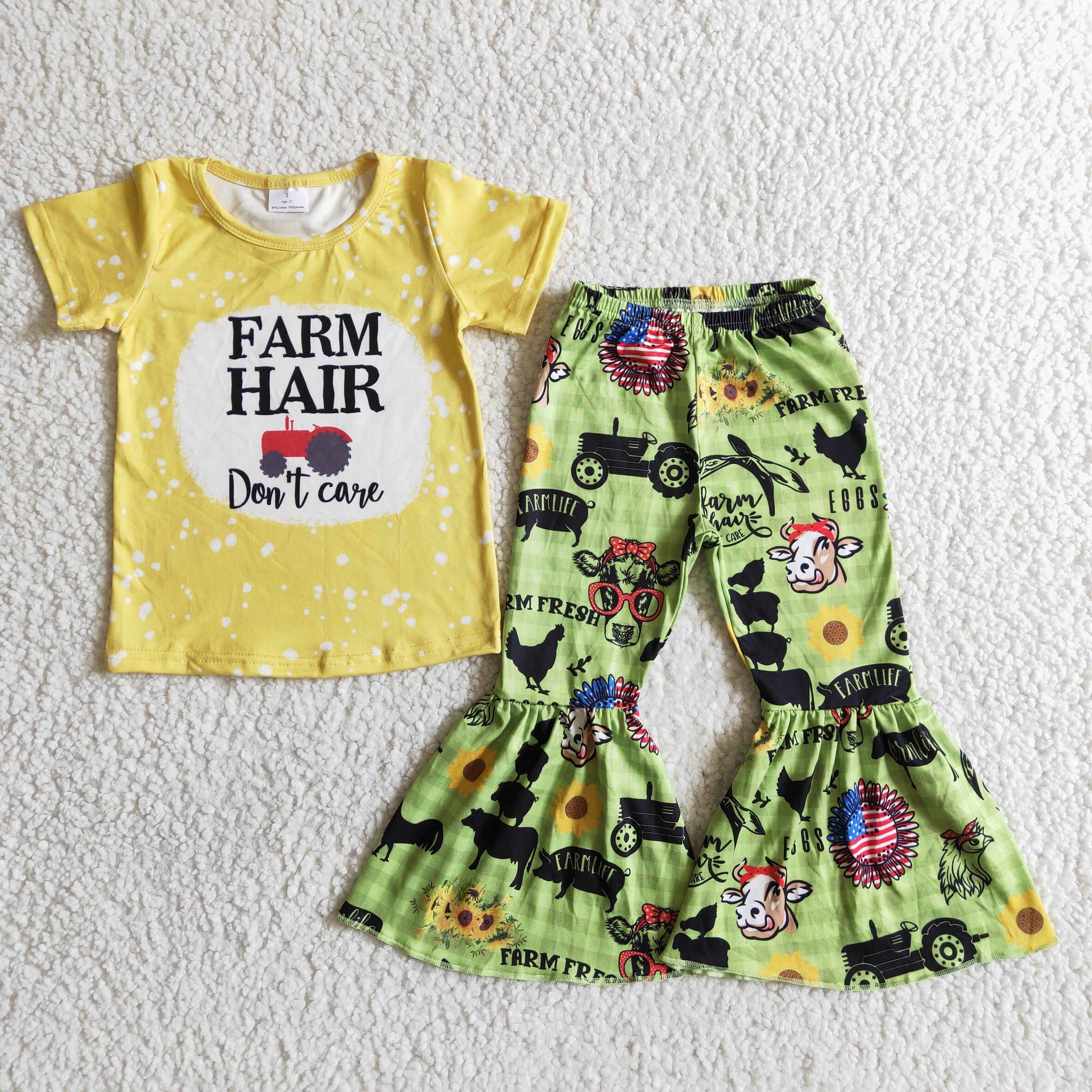 B12-28 Farm Baby Girls Short Sleeve and Bell Bottoms Pants Sets