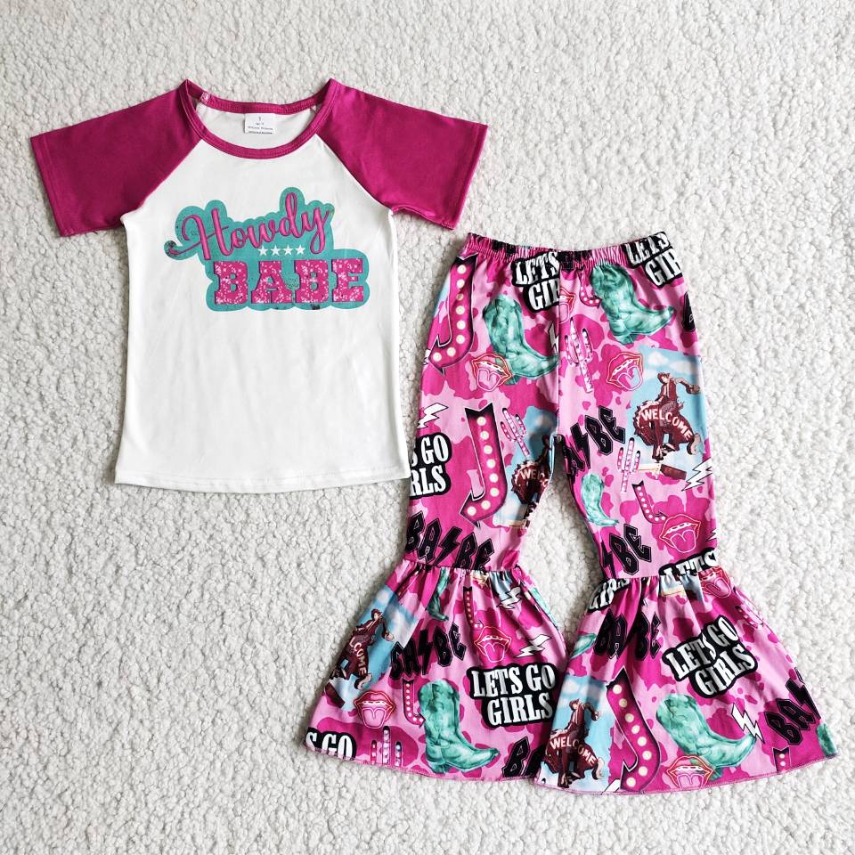 B8-28 Howdy Babe Baby Girls Short Sleeve and Bell Bottoms Pants Sets