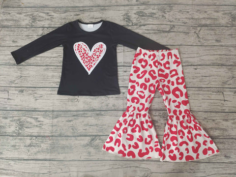 GLP0404 Girls Valentine's Day Heart Black Long Sleeve Pink Leopard Print Trousers Set