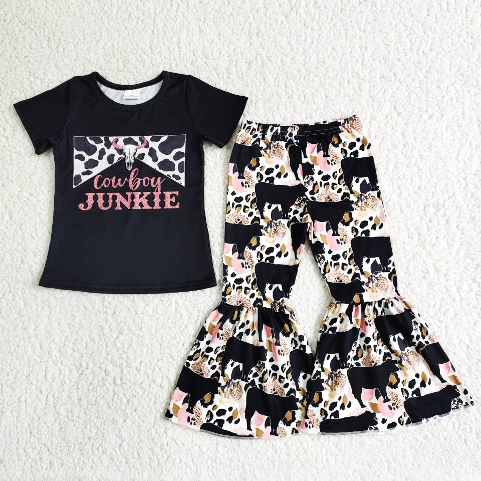 B6-28 Cowboy Baby Girls Short Sleeve and Bell Bottoms Pants Sets