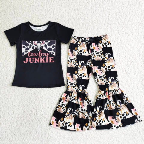 B6-28 Cowboy Baby Girls Short Sleeve and Bell Bottoms Pants Sets