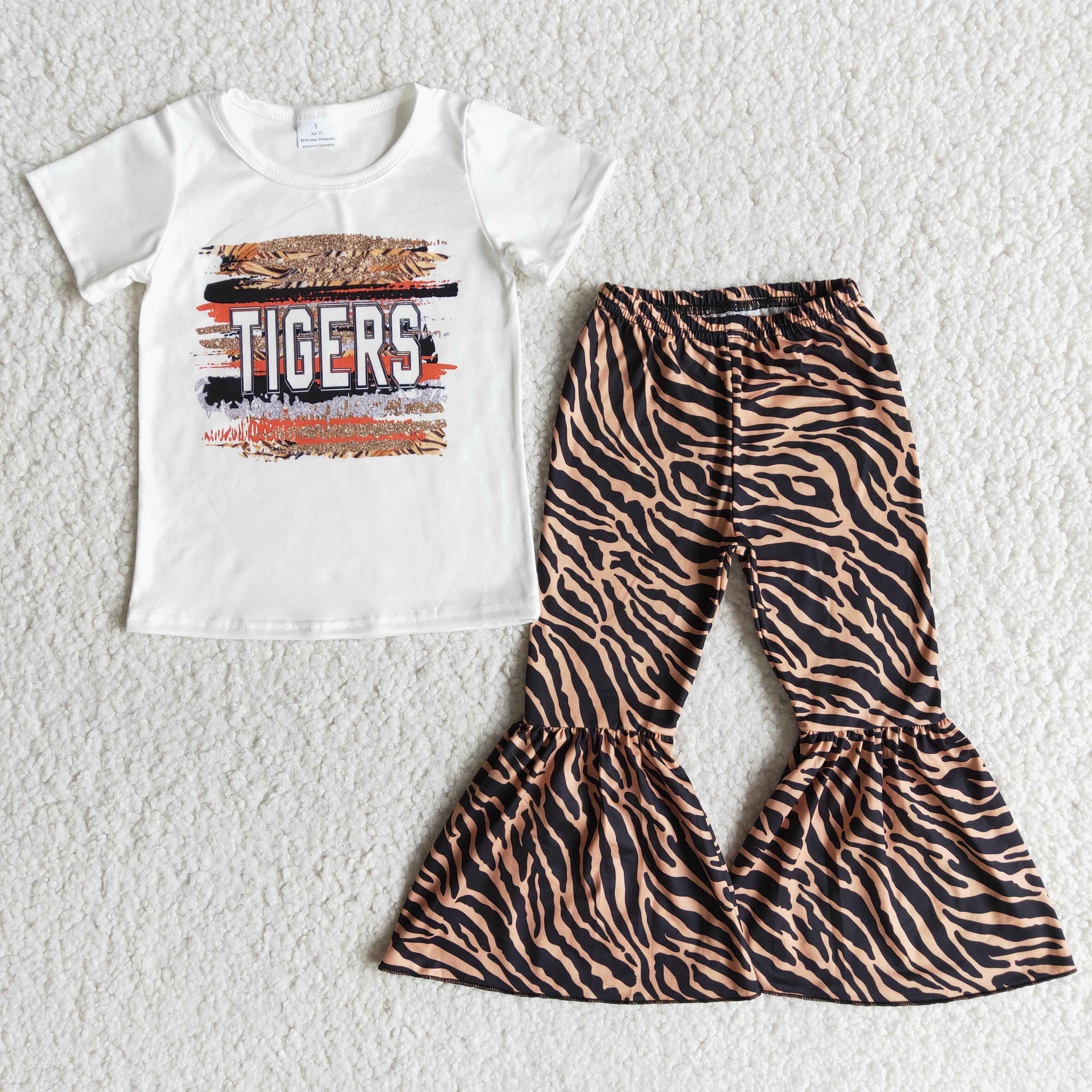 B1-5 Baby Girls Tiger Short Sleeve and Bell Bottoms Pants Sets
