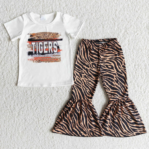 B1-5 Baby Girls Tiger Short Sleeve and Bell Bottoms Pants Sets
