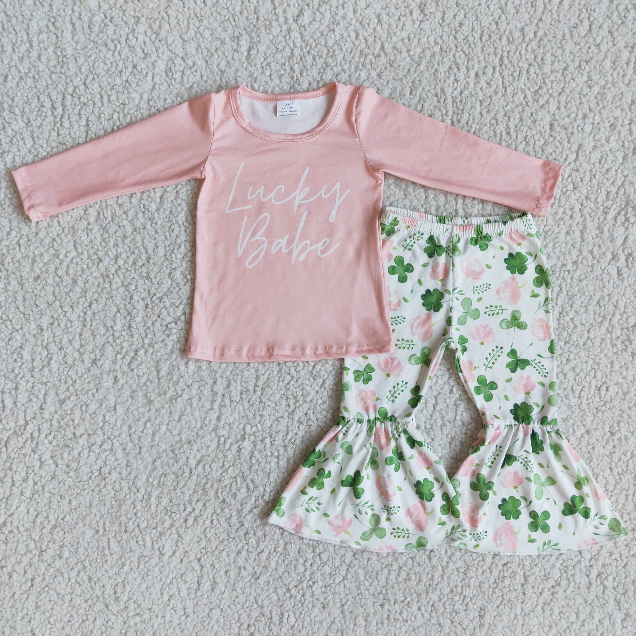 6 B2-25 St. Patrick's Day Green Clover Lucky Babe Toddler Girls Long Sleeve and Bell Bottoms Sets