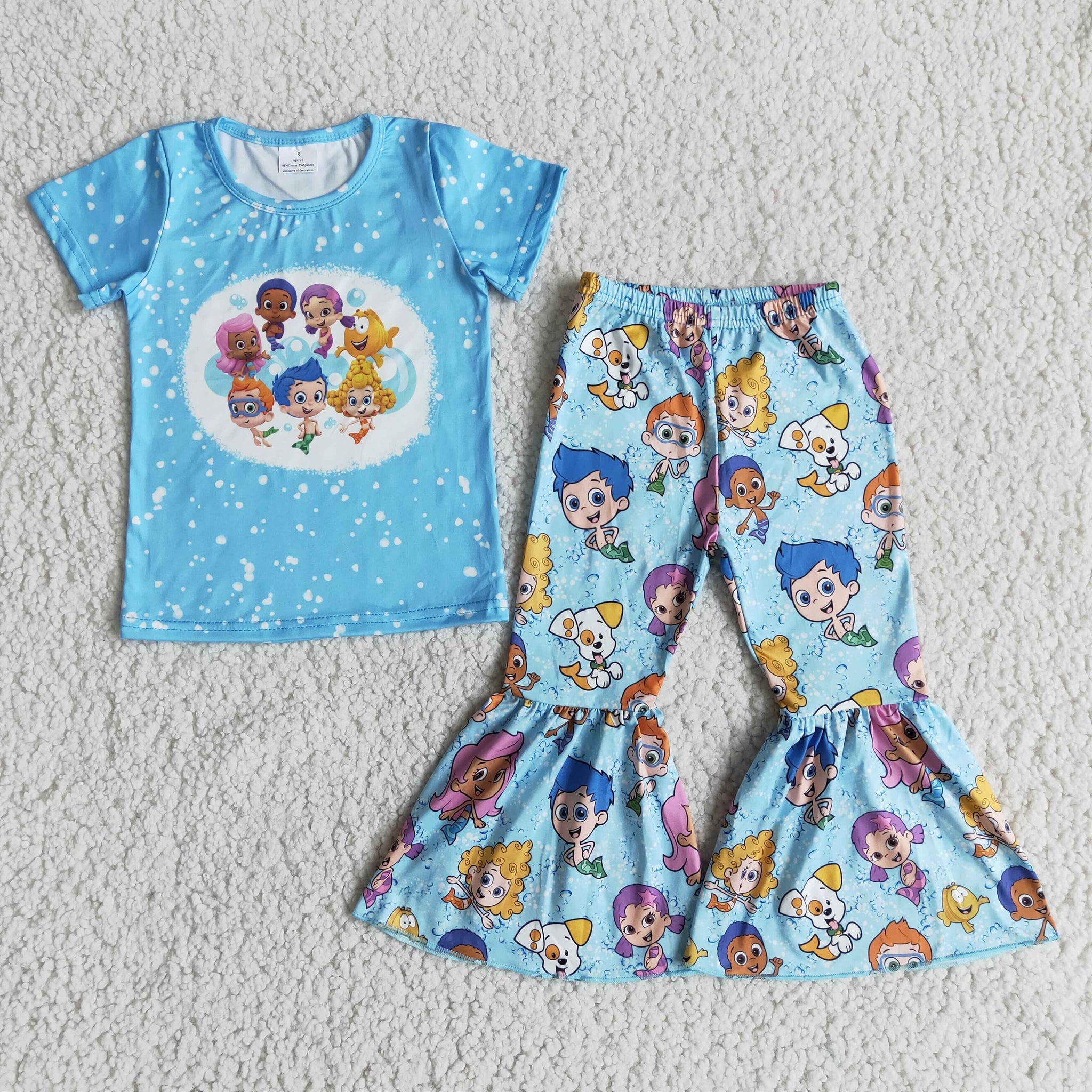 B0-26 Baby Girls Bleached Short Sleeve and Bell Bottoms Pants Sets