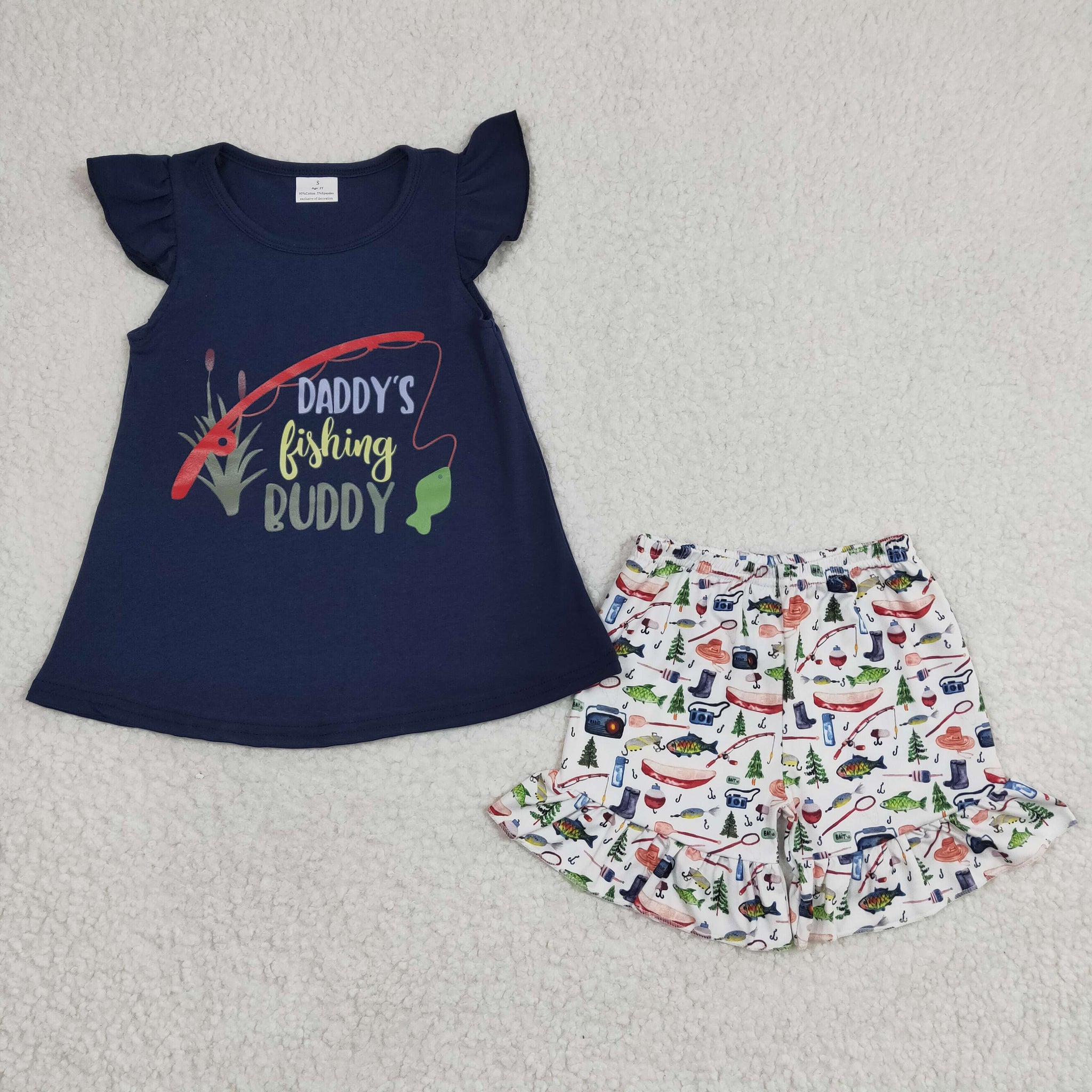 GSSO0165 Girls Boutique Fishing Navy Blue Short Sleeve Shorts Set
