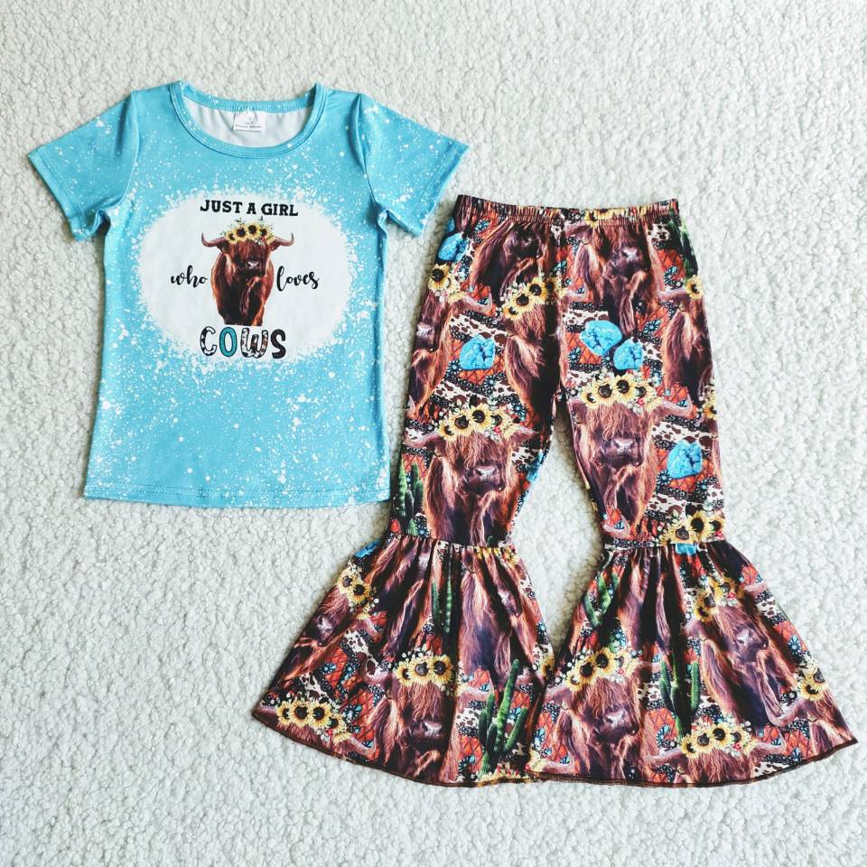 B0-3 Cows Baby Girls Short Sleeve and Bell Bottoms Pants Sets
