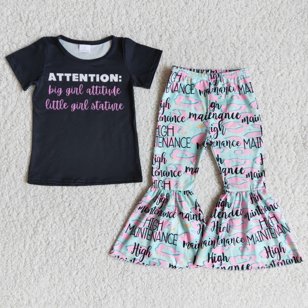Baby Little Girl Attitude Letter Short Sleeve and Bell Bottoms Pants Sets