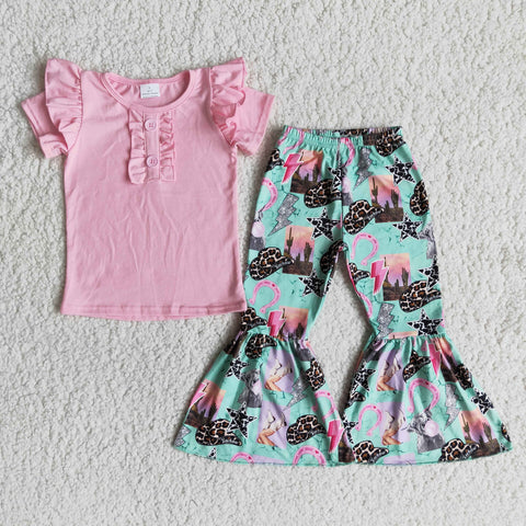 B2-11 Baby Girls Short Sleeve and Pink Leopard Cap Bell Bottoms Pants Sets