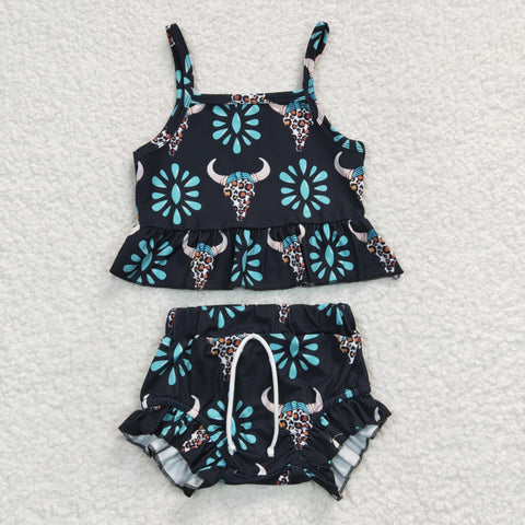 GSSO0182 Girls Bull Head Gemstone Vest Brief Set