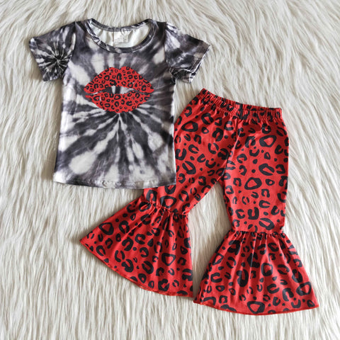 Baby Girls Short Sleeve and Red Leopard Bell Bottoms Pants Sets