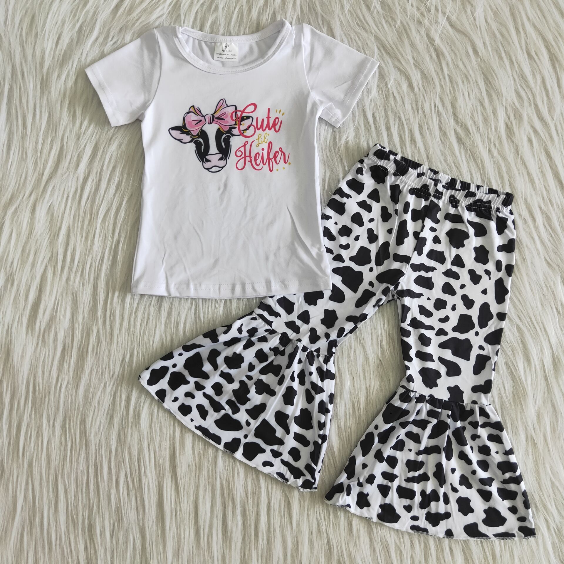Farm Baby Girls Heifer Short Sleeve and Leopard Bell Bottoms Pants Sets