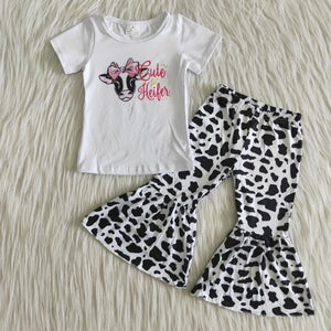 Farm Baby Girls Heifer Short Sleeve and Leopard Bell Bottoms Pants Sets