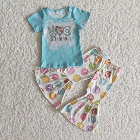 Baby Girls Peace Love Donuts Short Sleeve and Bell Bottoms Pants Sets