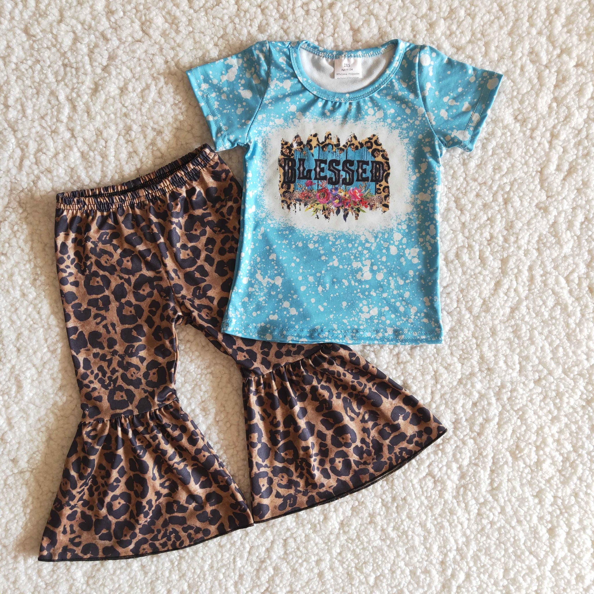 Baby Girls Blessed Short Sleeve and Leopard Bell Bottoms Pants Sets