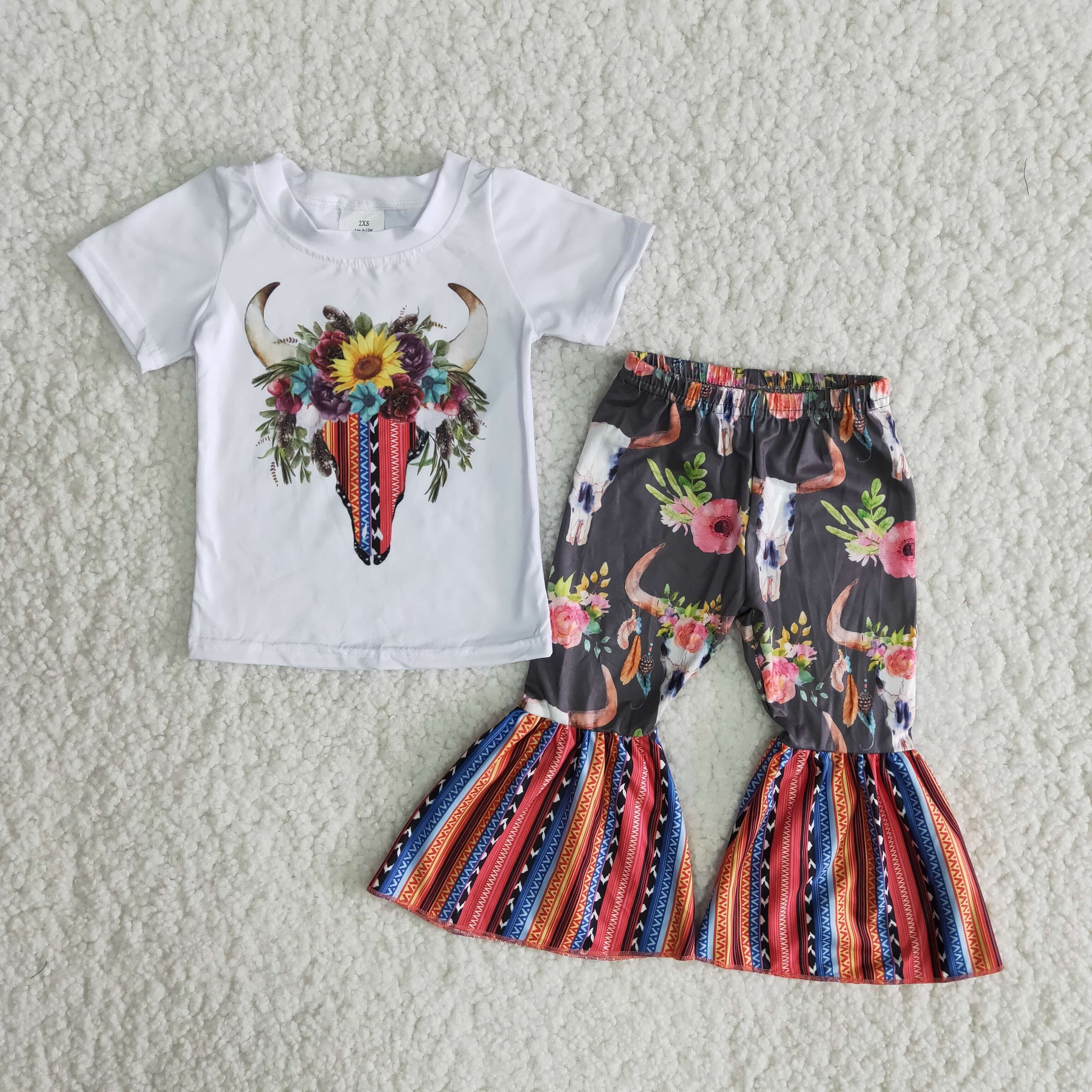 Baby Girls Bull Flower Short Sleeve and Bell Bottoms Pants Sets