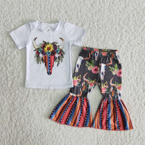 Baby Girls Bull Flower Short Sleeve and Bell Bottoms Pants Sets