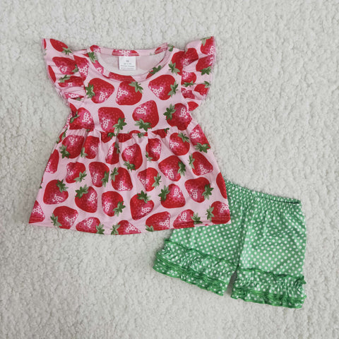 B12-4 Baby Girls Strawberry Summer Pearl Sleeve Shorts Sets