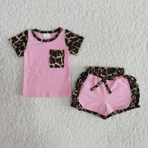 C1-21 Baby Girls Pink and Leopard Summer Short Sleeve Shorts Sets