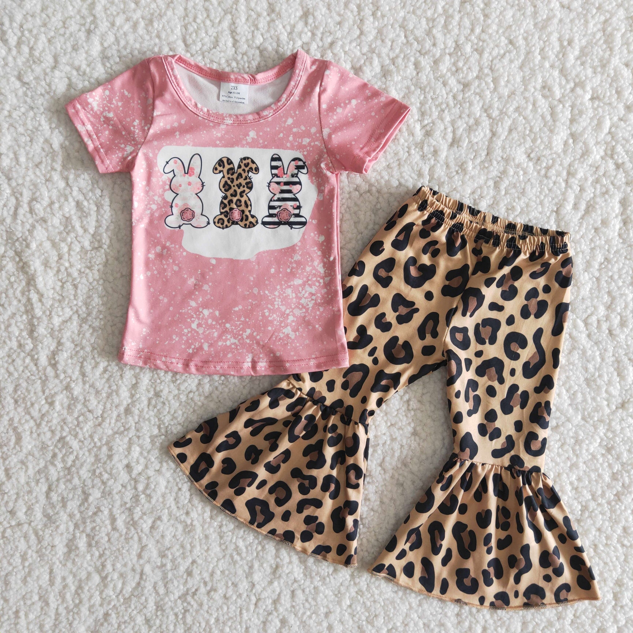 B17-12 Happy Easter Designer Baby Girls Kids Bunny Short Sleeve and Leopard Bell Bottoms Sets
