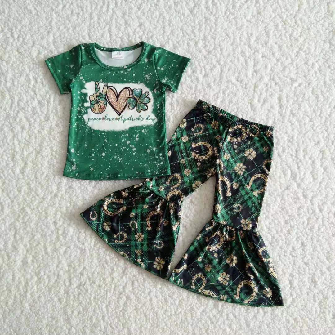B17-11 St. Patrick's Day Green Clover toddler girls children bell bottoms sets