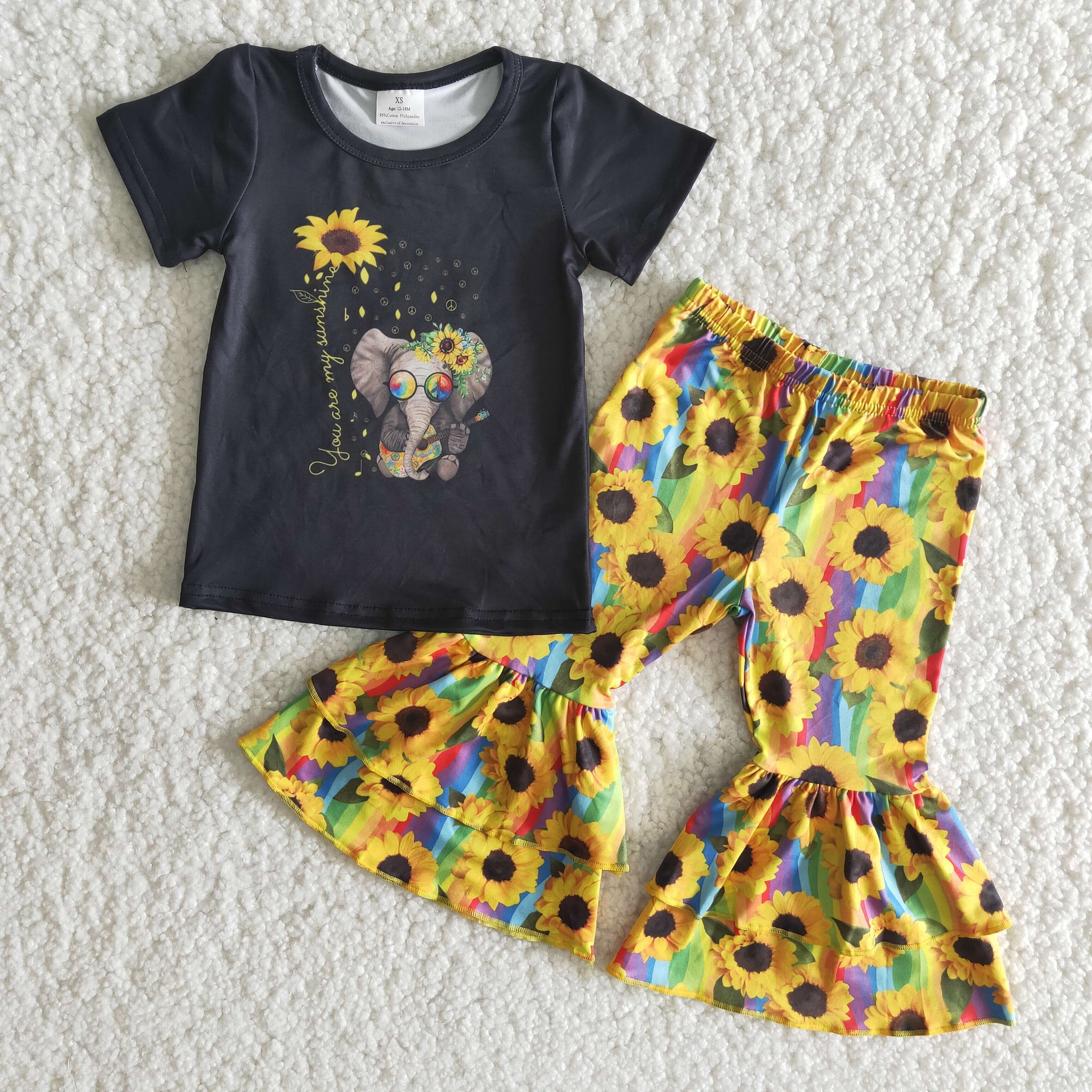 Baby Girls Elephant and Sunflower Short Sleeve and Bell Bottoms Pants Sets