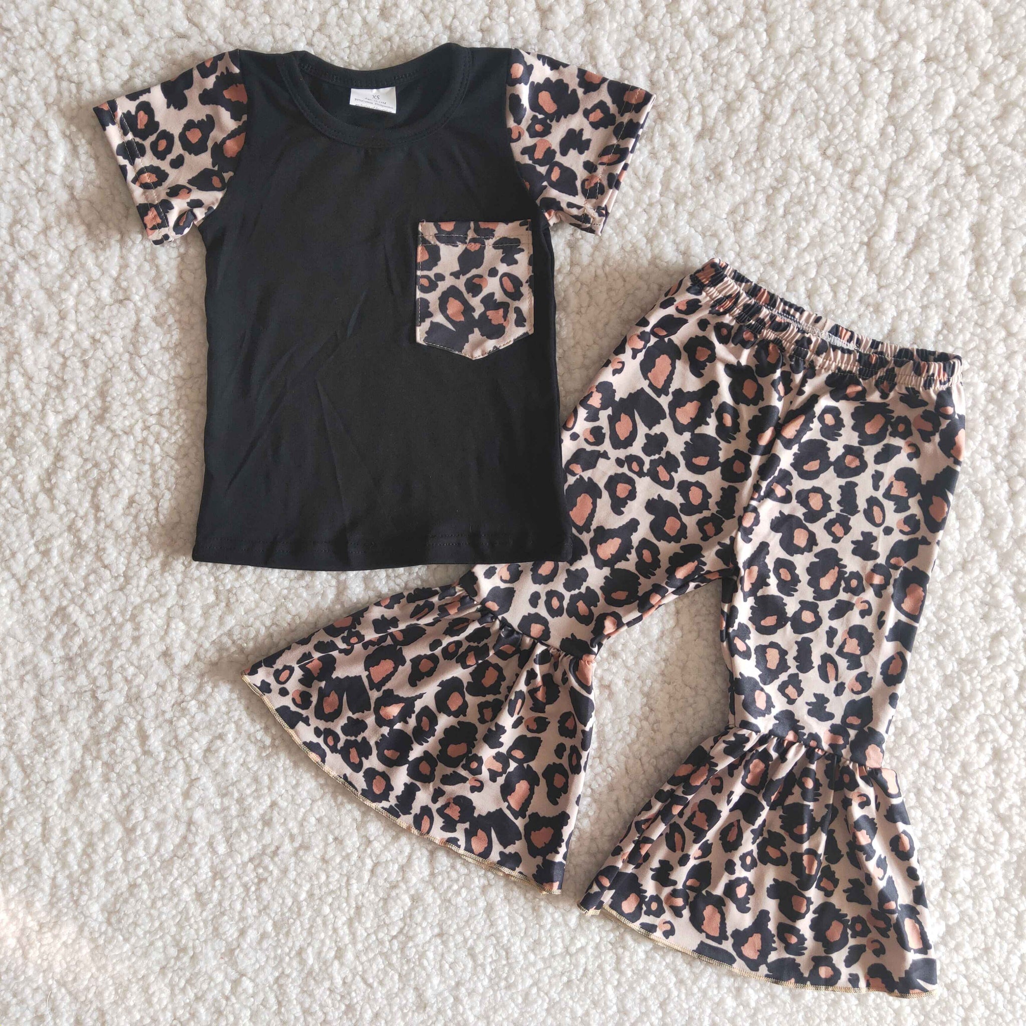 Baby Girls Short Sleeve and Leopard Bell Bottoms Pants Sets
