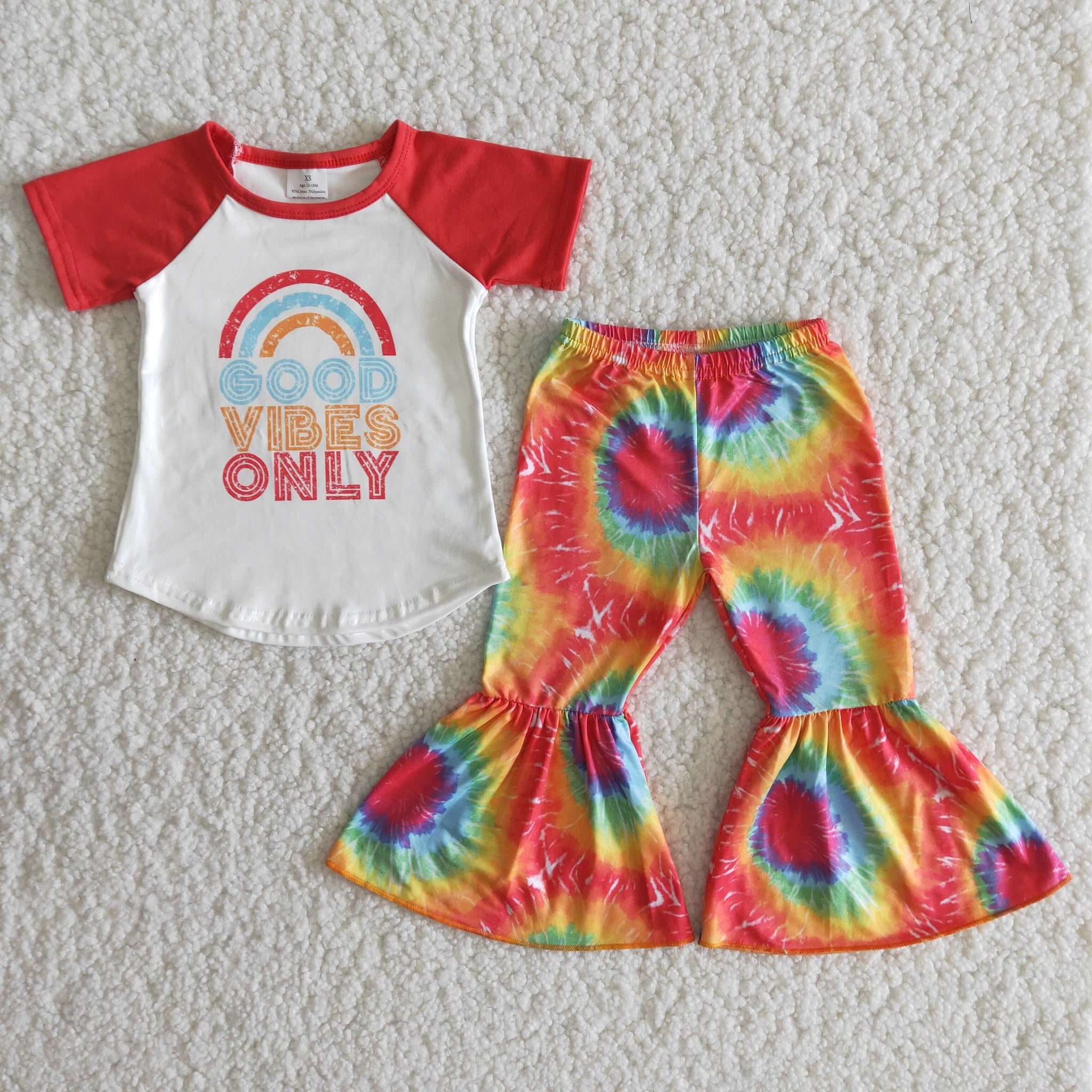 Baby Girls Rainbow Short Sleeve and Tie Dye Bell Bottoms Pants Sets