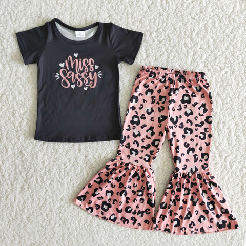 Baby Girls Miss Sassy Short Sleeve and Leopard Bell Bottoms Pants Sets